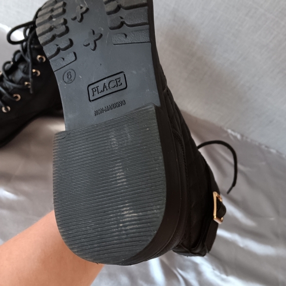 Place Black Boots Size 6 Y2K Grunge Hipster Motorcycle Biker Combat Gold Zip Lac - Picture 13 of 17